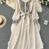New Bohemian Lndie Folk Style Dress Women Embroidery Vintage Waist Cotton and Linen Holiday Dress Women Lace Up Long Dress G01