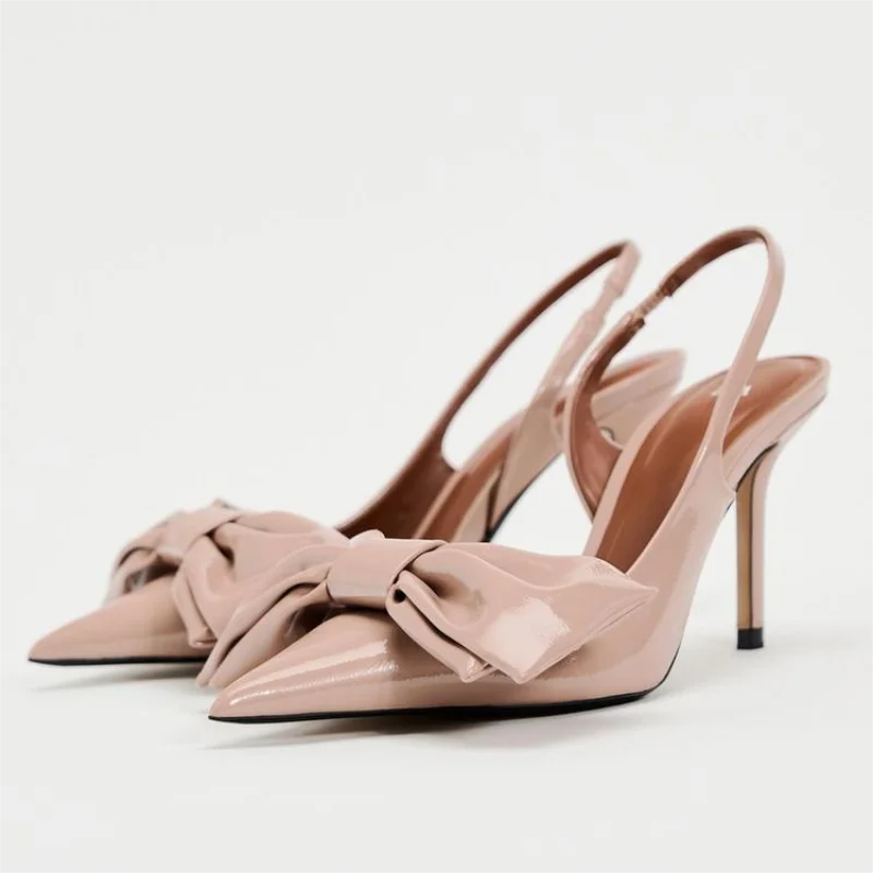 TRAF Women Bow Leather High Heels Sweet Pink Slingback Heeled Shoes Fashion Lady Party Pumps Elegant Pointed Toes Stiletto Shoes