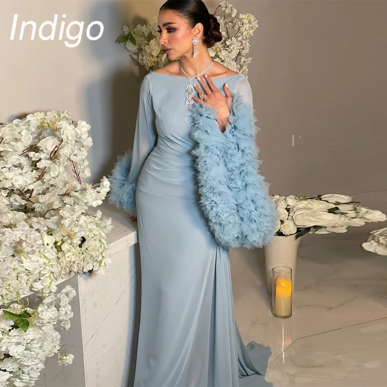 Indigo Chiffon Prom Dresses O Neck Sexy Backless Floor-Length Flare Sleeves Women Formal Occasion Dress 2024 vestidos de fiesta