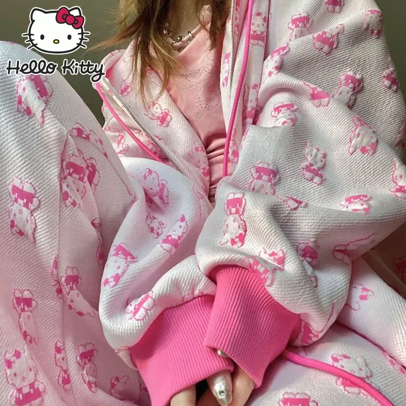 Sanrio Hello Kitty Women Hoodie Sweater Set Sweatpants Two Piece Y2k Embroidery Fashions Top Jackets Clothing Velvet Set Gift