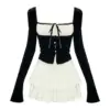 2023 Women Korean Fashion Y2k Outfits 2 Piece Set Long Sleeve Square Collar Sexy Gyaru Tops Tide Mini Tierred Ruffles Skirts