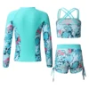 Kids Girls 3 Pcs Sun Protection Swimsuit Set Long Sleeve Front Zipper Coat with Tropical Print Tank Tops Shorts Tankini Outfit - Image 2