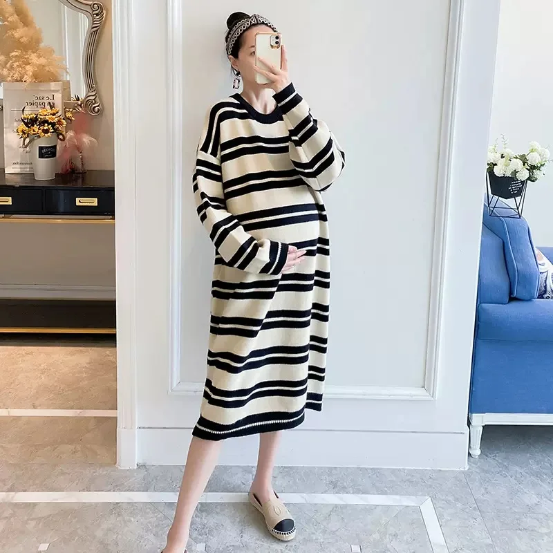 Maternity Knitting Sweater Nursing Dresses Autumn Winter Clothes For Pregnant Women 2022 New O-Neck Striped Pregnancy Vestidos