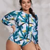Long Sleeve Swimsuit Women Zipper Front Leaves Print One Piece Bikinis Bathing Suit Plus Size Beach Swimwear - Image 4