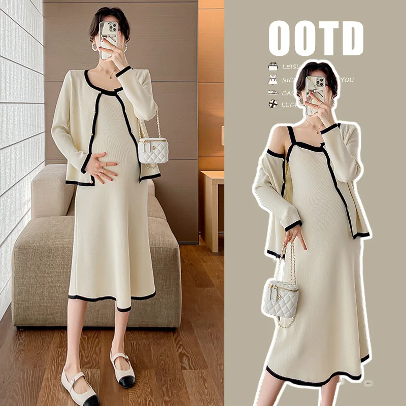Maternity Dresses New Spring Clothes For Pregnant Wome knitted Cardigan Sling Loose Dress 2Pcs Suits Pregnancy Dresses