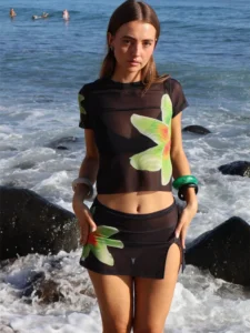 Fashion Summer Holiday Beach 2pcs Outfit Women 2 Piece Floral Print Sheer Mesh Short Sleeve T-Shirt And Casual Mini A-Line Skirt - Image 3