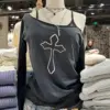 Black Cross Print Raw Trim T Shirt Women Summer Sexy Slash Neck Cotton Long Sleeve Tees Streetwear Vintage Casual T-shirts Y2k