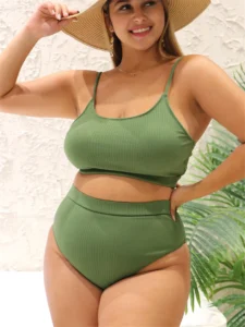 Plus Size Bathing Suit for Women 2 Piece Bikini Set 2022 Fashion Solid High Waist Strappy Tummy Control Swimsuit Tankini - Image 3