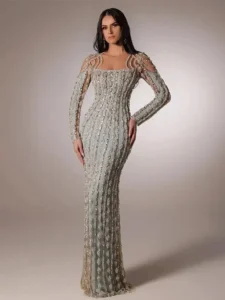 SERENE HILL Arabia Gray Mermaid Floor Length Luxury Beaded Cut Out Evening Dresses Gowns For Women Wedding Party 2024 CLA72292 - Image 3