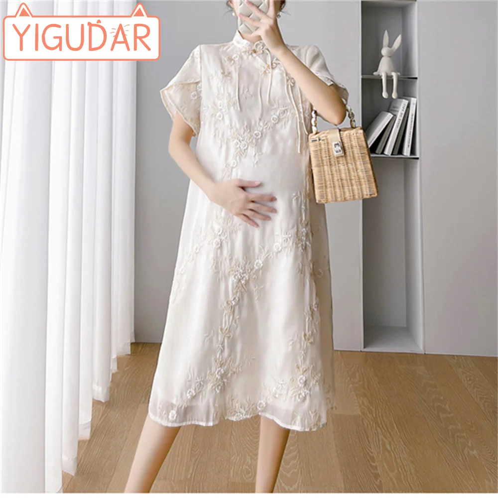 Pregnant womens summer dress with short sleeved stand up collar embroidery improved version qipao skirt 2024 new style versatile