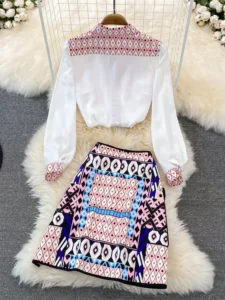 New 2022 Fashion Runway Summer Skirt Suit Women's Horse Geometry Print Blouse And A Line Pocket Buttons Skirt 2 Two Piece Set - Image 2