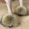 Real Raccoon Fur Slippers For Women 2023 Summer Fluffy Indoor House Fuzzy Flat Slides Outdoor Fashion Beach Sandals Flip Flops - Image 2