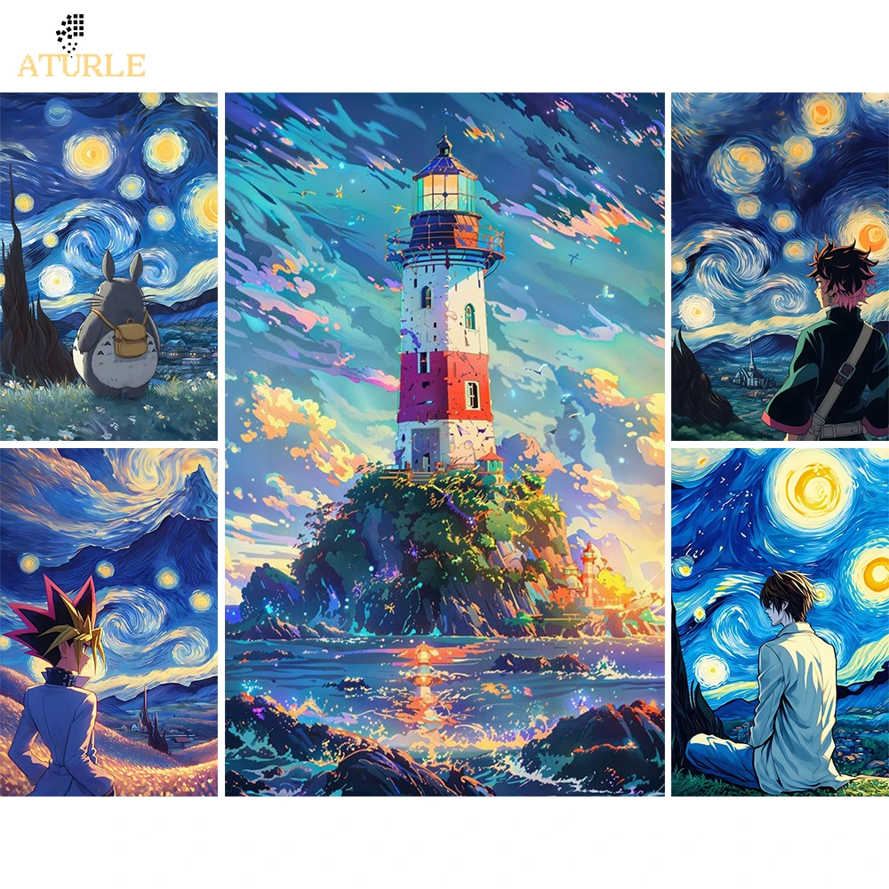 5D Diamond Painting Lighthouse Van Gogh The Starry Night Anime DIY Full Round Diamond Beginner Art Kit Home Wall Decor 50x80cm