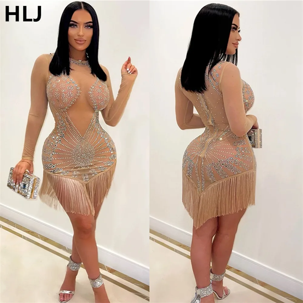 HLJ Sexy Rhinestone Mesh Perspective Party Nightclub Dresses Women Round Neck Long Sleeve Tassels Mini Dress Fashion Vestidos