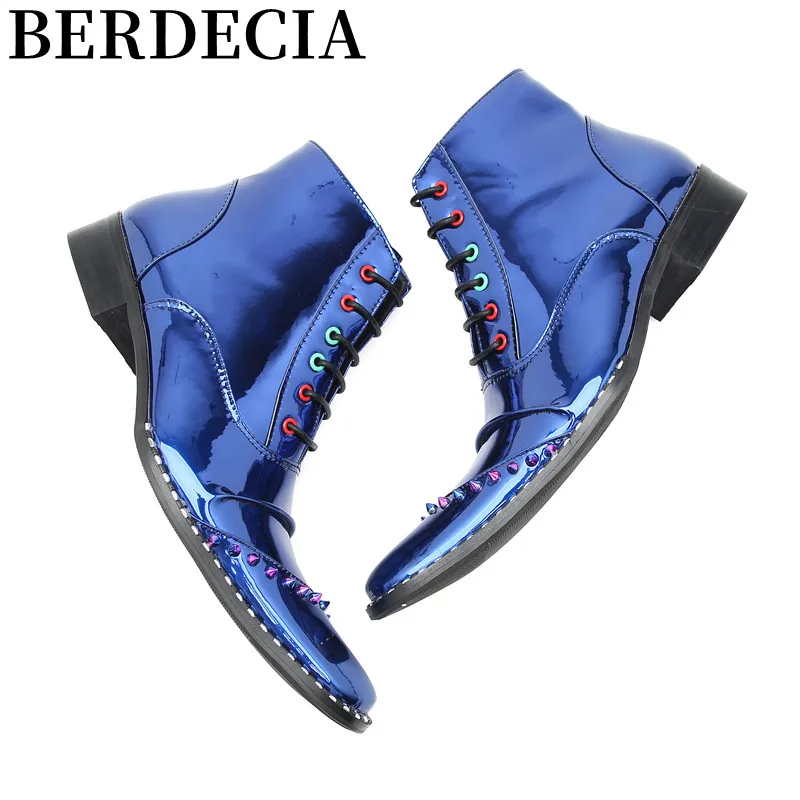 Gold Blue Patent Leather Spikes side Zip Lace-Up Boots Breathable Designer Man Shoes Gentleman Casual Zapatos para hombres