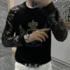 High Quality Rhinestone Animal Eagle Long Sleeved T-shirt Luxury Gold Velvet Fashion Men Personality Flower Sleeves Hot Diamond - Image 3
