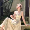Vintage Midi Dresses for Women 2023 Summer New Korean Elegant Satin Vestido Wedding Evening Party Prom Clothes Female Dress Robe