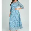 Plus Size Women's Casual Elegant Blue Chiffon Print 3/4 Sleeve O-Neck Mid Length Women's Spring/Summer Dress Vestidos