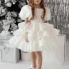 Flower Girl Dresses Beige Solid Tiered With Bow Short Sleeve For Wedding Birthday Party Holy Communion Gowns