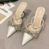 New Glitter Rhinstones Women Pumps Mules Crystal Bowknot Green Satin Summer Lady Shoes Stripper High Heels Party Prom Shoes - Image 2