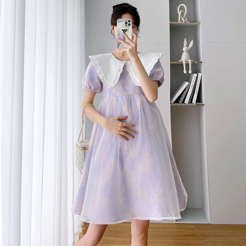 Summer Pregnant Women Dress Large Peter Pan Collar Maternity Ball Gown Organza Dress Sweet Plus Size Pregnancy Mini Dress Cute