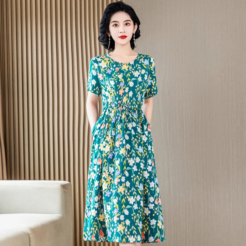 Summer Elegant Dresses for Women 2023 Casual Short Sleeve Vintage Print Ladies Floral Dresses Korean Style Summer Clothes