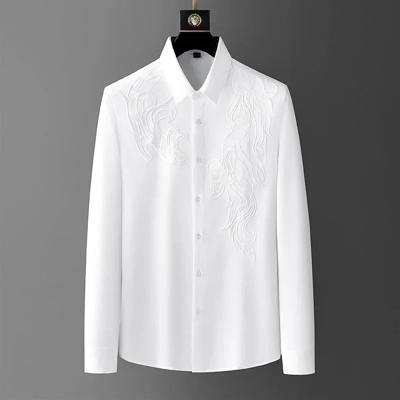 2024 Spring Phoenix embroidery Shirts for Men Solid Color Long Sleeve Casual Shirt Slim Social Party Tuxedo Business Dress