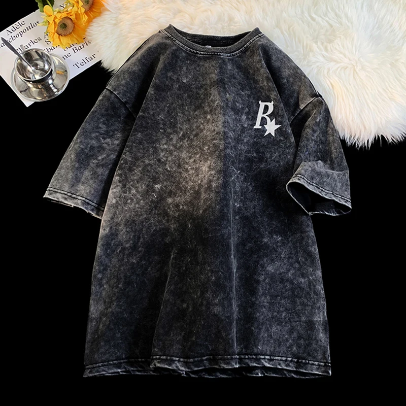 Heavy Fabric T-shirt Men Vintage Distressed Washed Short-sleeved Printed T Shirt O-neck Unisex Tee Tops Couple Tshirts