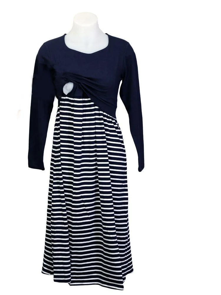 New Maternity Long Sleeve Nursing Clothes Spring and Autumn Cotton Striped Long Skirt Pregnant Women Breastfeeding Dress