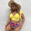 Plus Size Swimsuit for Women 2022 Fashion V Neck Ruffles Short Sleeve Floral Print High Waist Bathing Suit Big Size Swimwear - Image 3