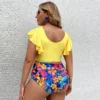 Plus Size Swimsuit for Women 2022 Fashion V Neck Ruffles Short Sleeve Floral Print High Waist Bathing Suit Big Size Swimwear - Image 4