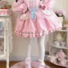 KIMOKOKM Kawaii Lolita Ruffles Full Sleeve Dress Sweetheart Peter Pan Collar Cosplay Princess Bow Vitality Girly Loli Mini Dress
