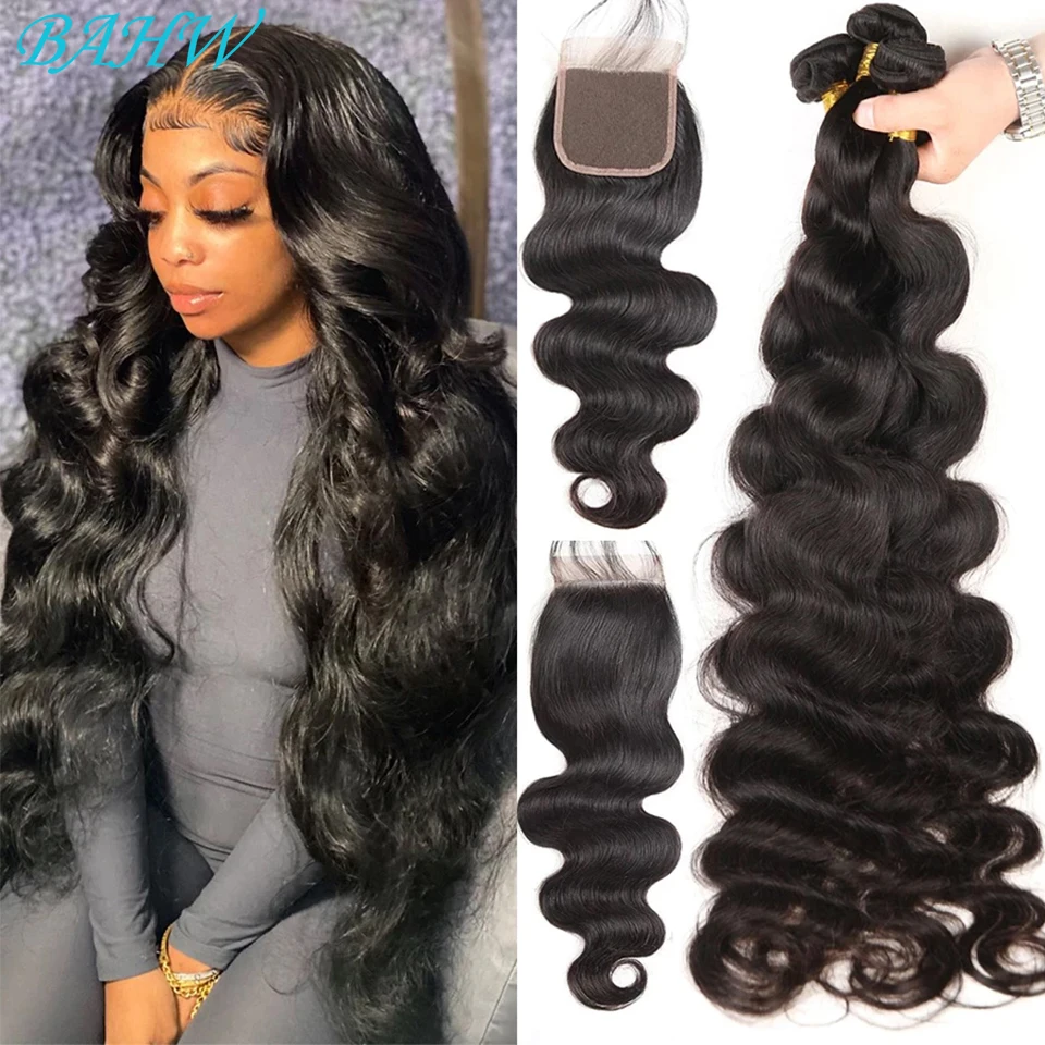 Brazilian Body Wave 3/4Bundles With 4x4 Closure 100% Human Hair Bundles With Lace Closure Virgin Hair Weave Extension For Women