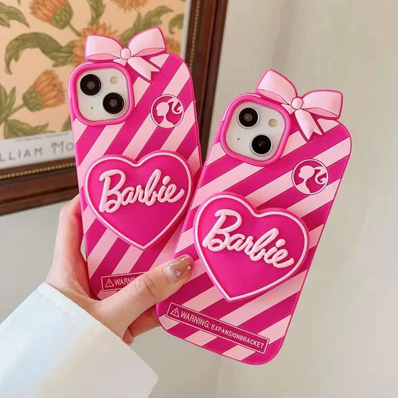 Fashion Barbie Love Bracket Function Phone Case For iPhone 15 14 13 12 11 Pro Max Finger Ring Holder Soft Silicone Coque Fundas