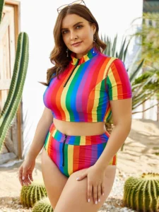 Colorful Rainbow Striped Bikini Set Two-piece Beach Swimsuit Plus Size Zipper Bandage Bikini Bathing Suit Women Swimwear - Image 6