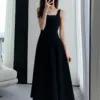 Jielur French Style Black Spaghetti Strap Female Dresses Summer Slim Waist Elegant Evening Women's Dresses Birthday Party Dress