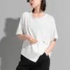 [EAM] Women White Zipper Irregular Big Size Casual T-shirt New Round Neck Half Sleeve Fashion Tide Spring Summer 2024