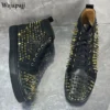New Style Genuine Leather Men's Ankle Boots Gold Rivet Round Toe Male Black Shoes Lace Up Fashion Men's Casual Short Boots - Image 2