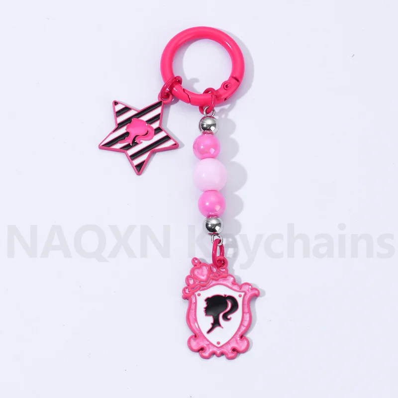 Y2K Pretty Barbie Star Mirror Keychain Pink Black Bead Key Ring For Women Girls Princess Dream Friend Good Gift Handmade Jewelry