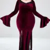 Women's Gothic Punk Velvet Plus Size Dress Flare Sleeve Split Hem Lace Splice Halloween Party Sexy Vintage Spring Long Dresses