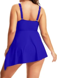 Women's Swimsuit 2024 Plus Size One Piece Asymmetrical Hem Swimdress V-Neck Solid Tankini Beachwear - Image 4