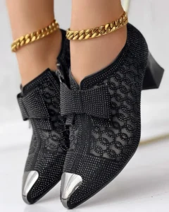 Heels Women's Hollow Mesh Shoes Summer Fashion Rhinestone Square Heel Pointed Toe Size 43 Zipper Bow Sandals Women Sandalis - Image 2