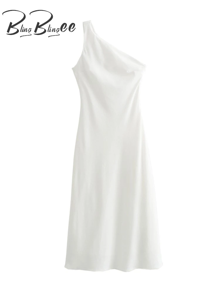 BlingBlingee Off Shoulder White Faux Linen Women Asymmetric Dress Traf Summer Sleeveless Slim A-Line Female Midi Dress Y2K Robes