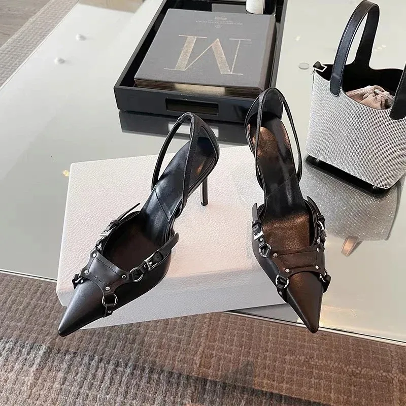 Heeled Sandals Shallow Mouth Comfort Shoes for Women Large Size Black Lace Up Girls Clear Pointed Stiletto High chaussure femme