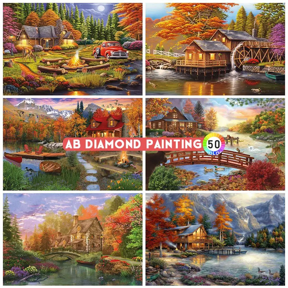 AB Diamond Painting 5D House Mosaic Mountain Picture Rhinestones Autumn Scenery Nature Home Decor Full Drill DIY Wall Stickers