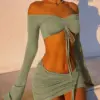 Hugcitar Slash Neck Long Sleeves Shirring Bandage Crop Top Skirts 2 Piece Sets 2024 Fall Winter Rave Vacation Party Y2K Outfit