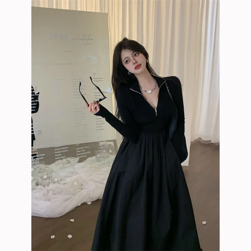 PTKPCC New Dresses Women Black Tunic Vintage Korean Style Party Simple Solid Holiday Inside Slim Elegant Popular Tender