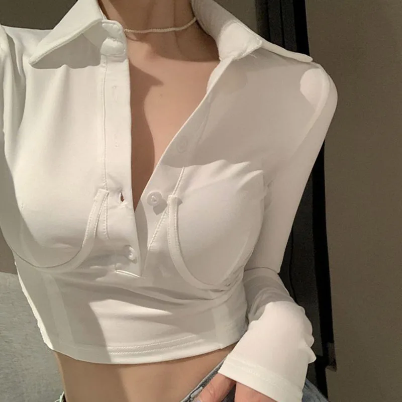 Korean 2023 Sexy Slim Fit Crop Tops Women Spring Summer Turn Down Collar Long Sleeve T Shirt Ladies White Blouses Shirts Y2K Top
