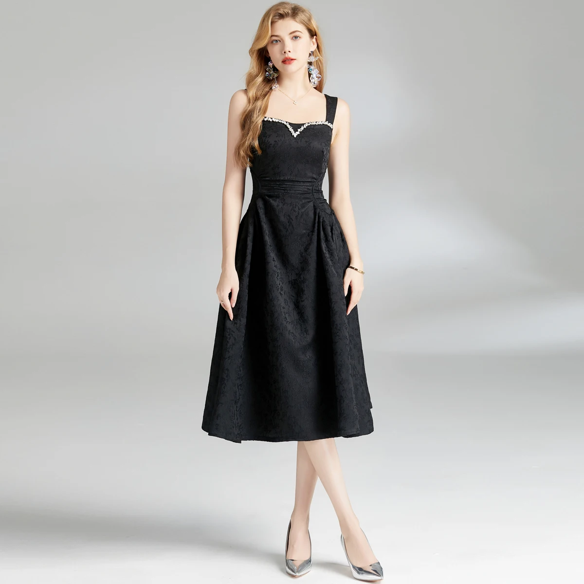 Diamonds Spaghetti Strap Midi Jacquard Dresses for Women Designer Elegant Backless Sexy Prom Party Evening Gown Sleeveless Dress