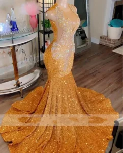 Sparkly Gold Sequined Mermaid Prom Dresses 2024 For Black Girls Sheer Crew Neck Beaded Formal Party Dress Luxury Evening Gowns - Image 3